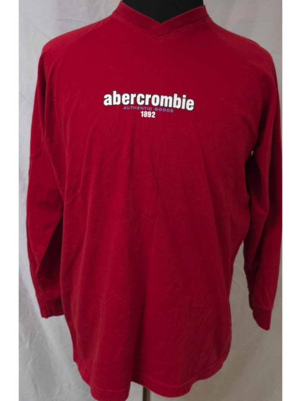 VTG Abercrombie Men XL Red Long Sleeve V-Neck Spellout Double Sided Soft T-Shirt